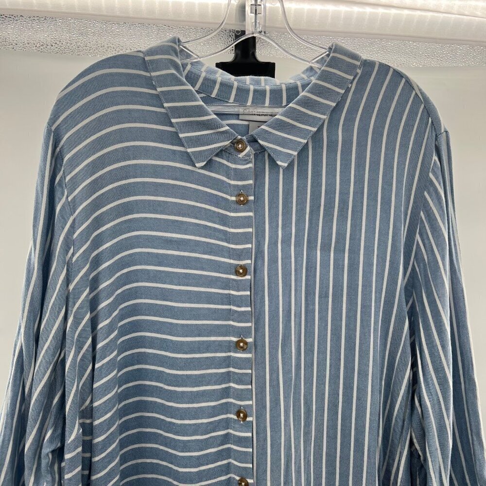 Catherines Women's Button Up Striped Top 3/4 Sleeve Blue/White Size 2X - Picture 2 of 8